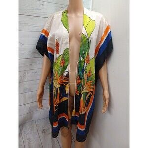 Chicos Bird of Paradise Flower Duster Kimono Sz S/M Cover Up Shrug Blouse Tassel